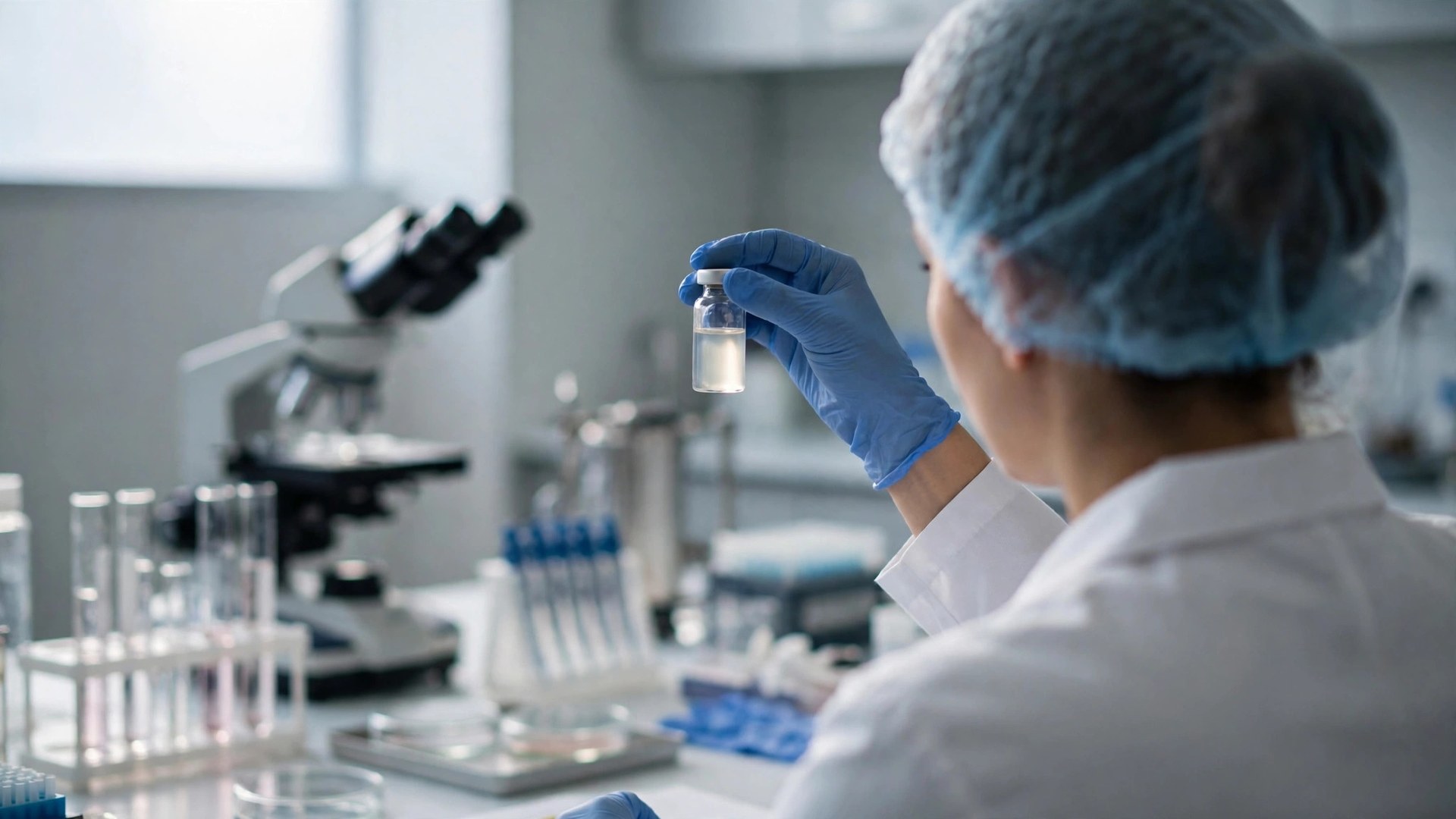 Ilustración editorial: laboratorio de investigación oncológica con una científica sosteniendo un vial a contraluz