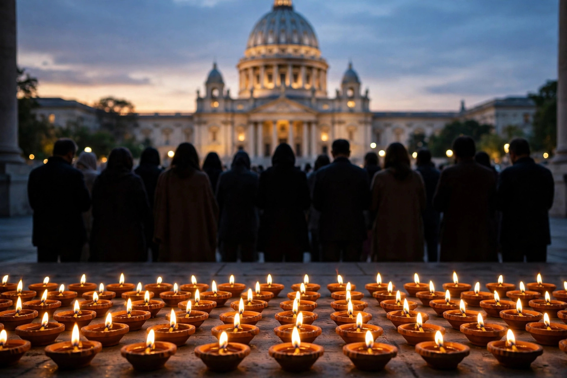 Ilustración editorial: filas de lámparas de aceite encendidas en primer plano, personas vistas de espaldas en oración al anochecer y la cúpula de una basílica iluminada al fondo