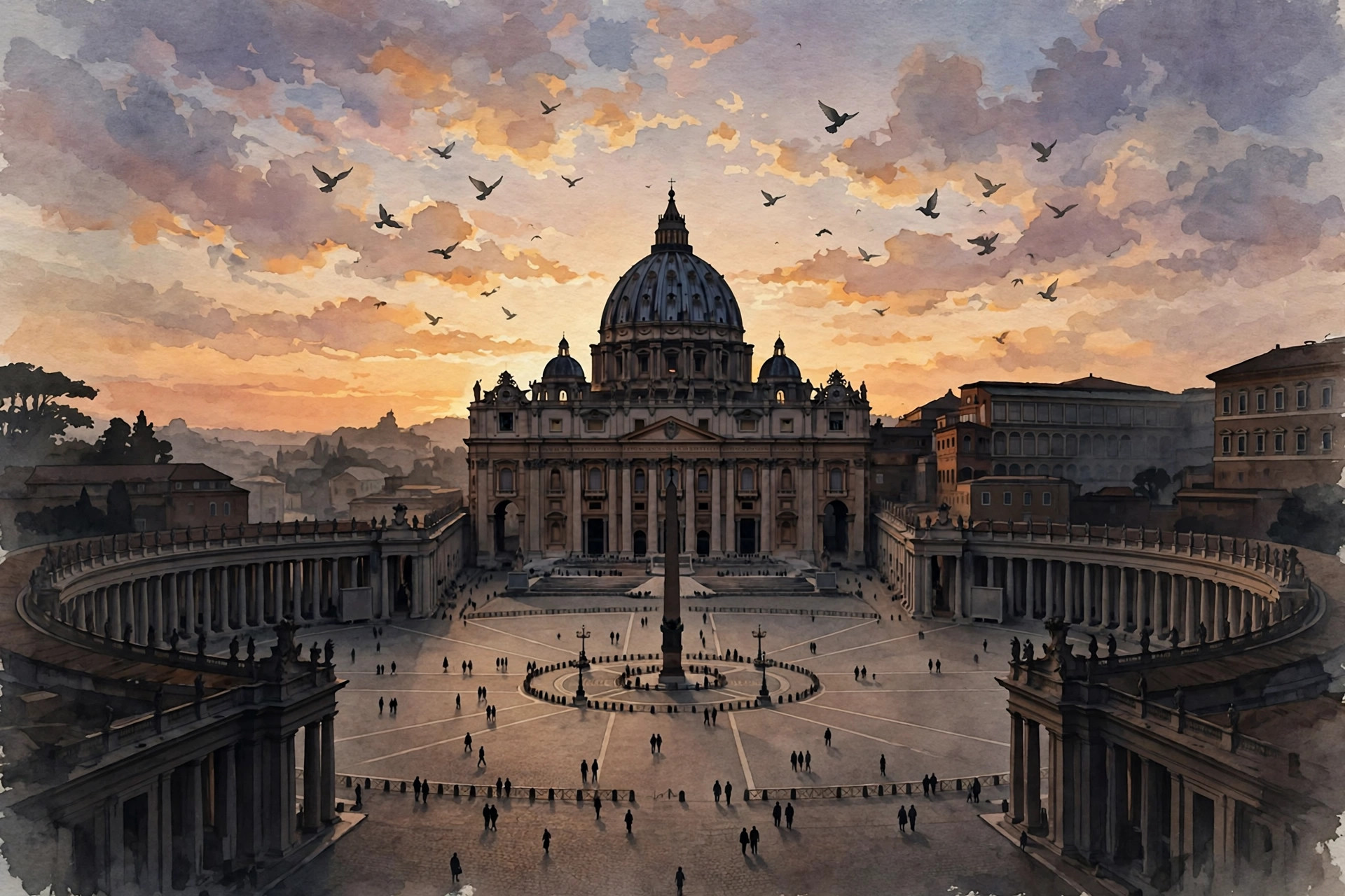 Ilustración editorial: Plaza de San Pedro al atardecer con fieles caminando