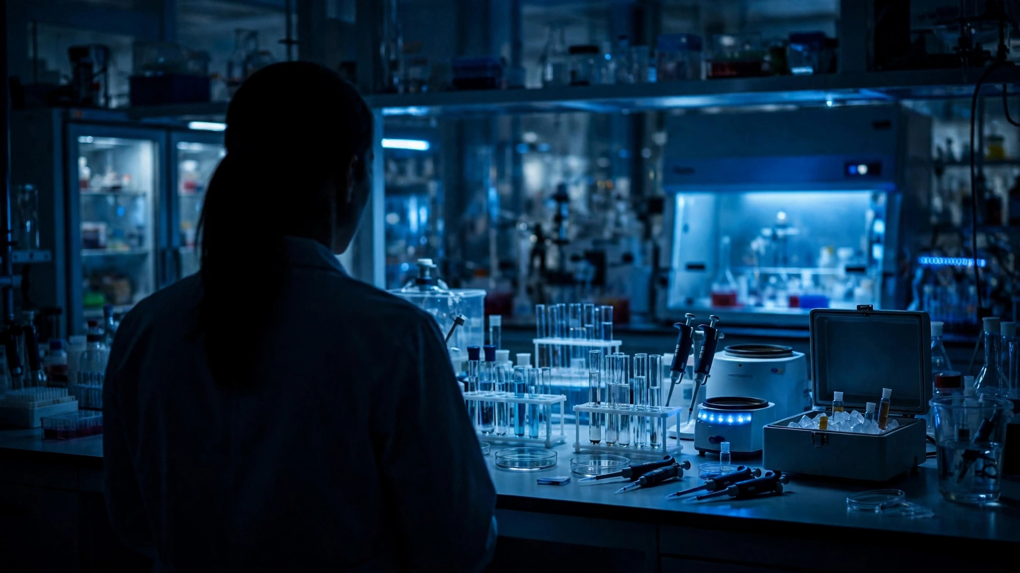 Ilustración editorial: laboratorio de oncología con una científica en silueta vista de espaldas frente a tubos de ensayo y equipo médico, luz clínica azul suave