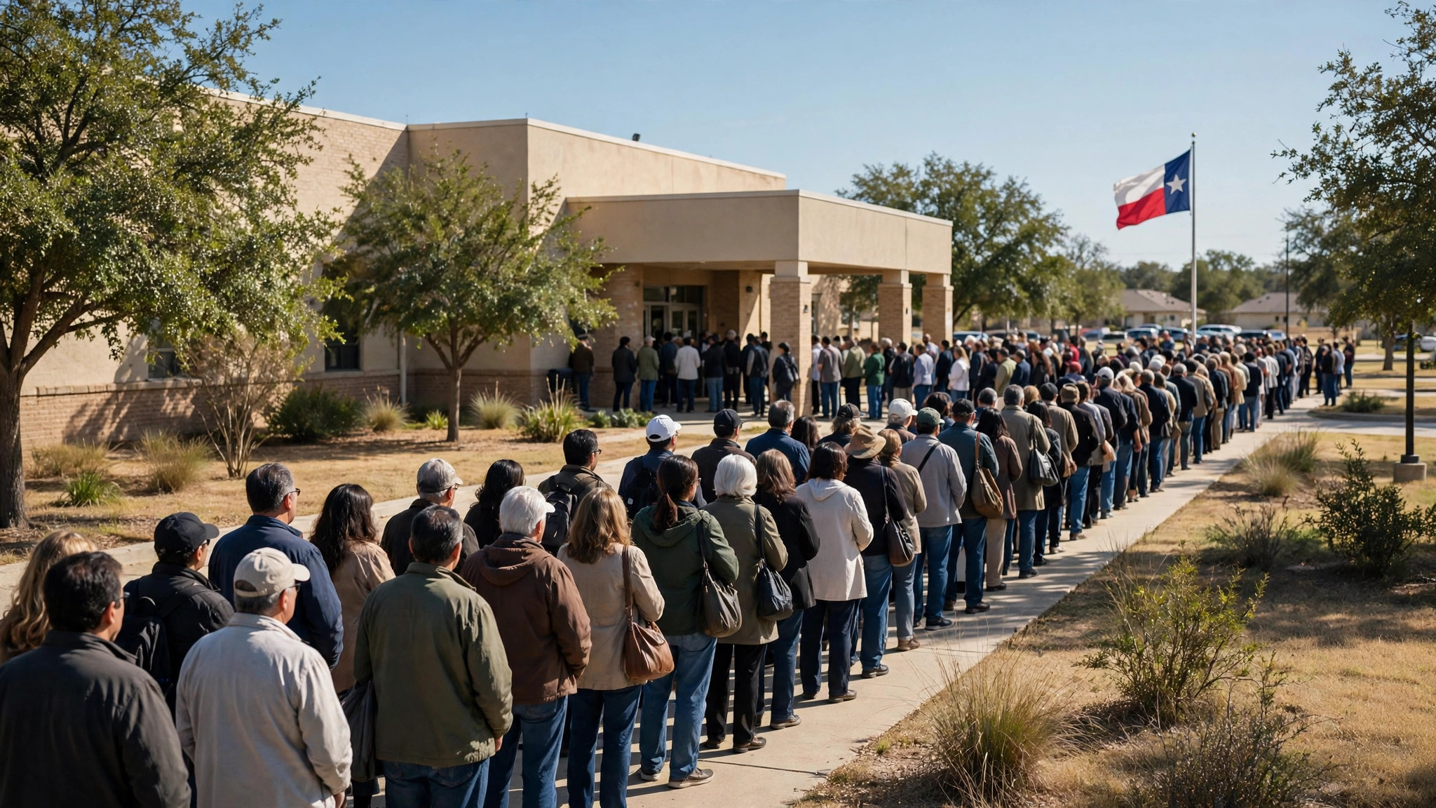 Ilustración editorial: larga fila de votantes afuera de un centro de votación en Texas