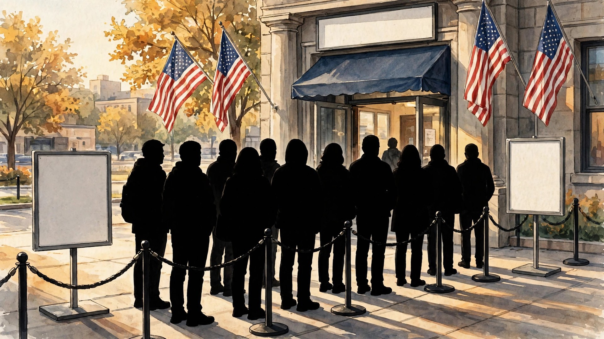 Ilustración editorial: votantes en silueta haciendo fila frente a un centro de votación con banderas estadounidenses, sin rostros identificables