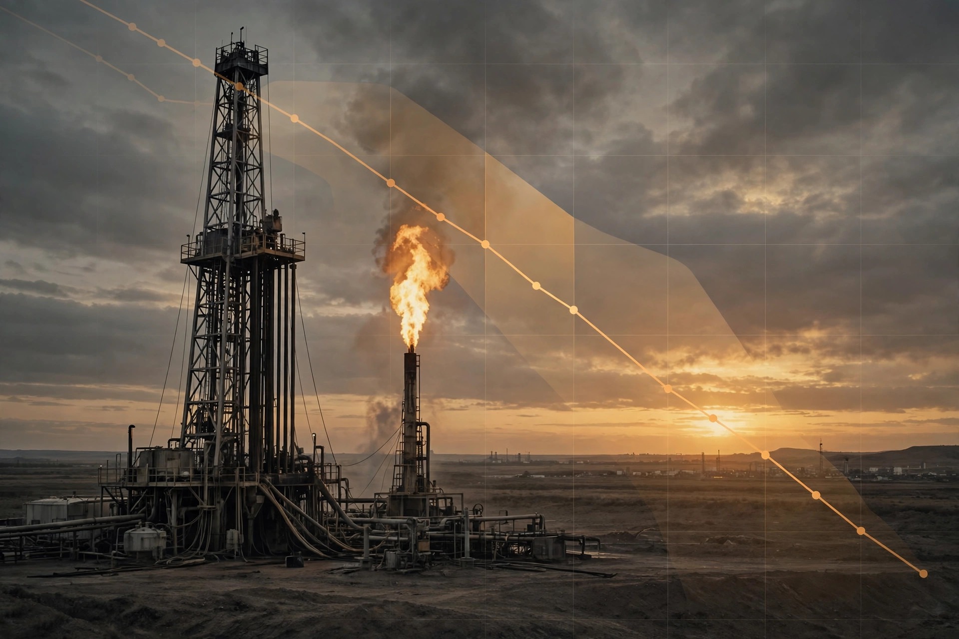 Ilustración editorial: torre de perforación petrolera al atardecer con gráfico descendente