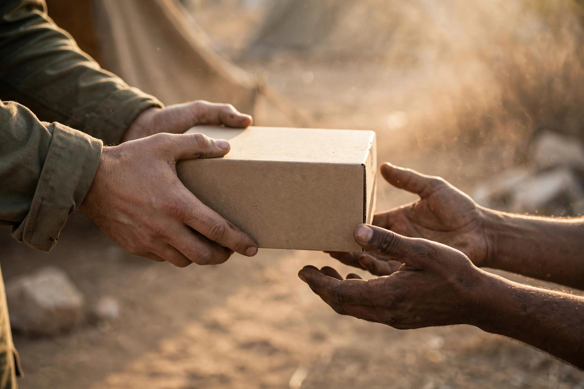 Ilustración editorial: manos recibiendo una caja de alimentos con el emblema de ayuda humanitaria