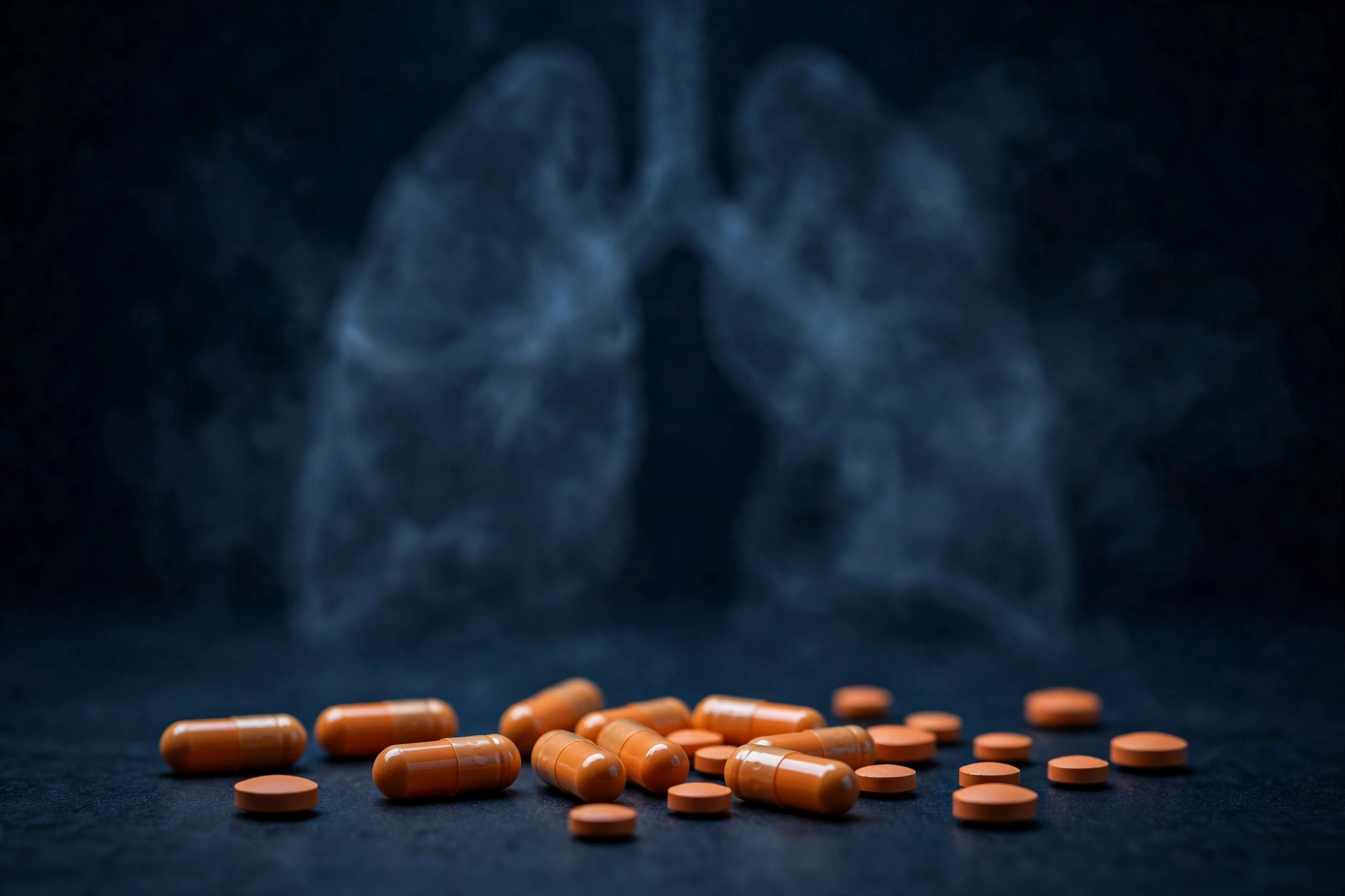 Ilustración editorial: cápsulas médicas con silueta abstracta de pulmones
