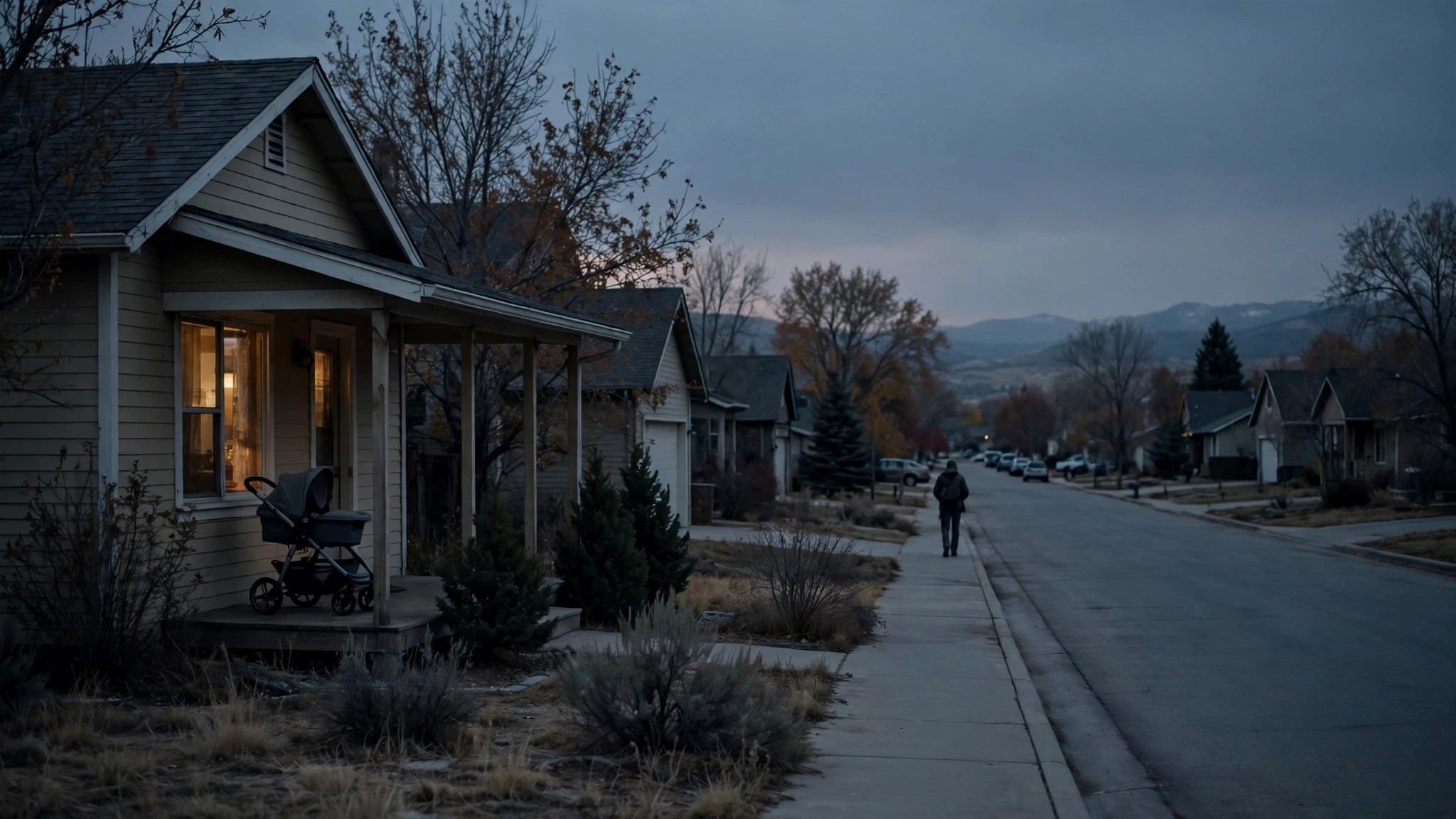 Ilustración editorial: una calle suburbana de Utah al atardecer, una casa con luz cálida en la ventana y una figura en silueta vista de espaldas que se aleja por la acera, tono sobrio